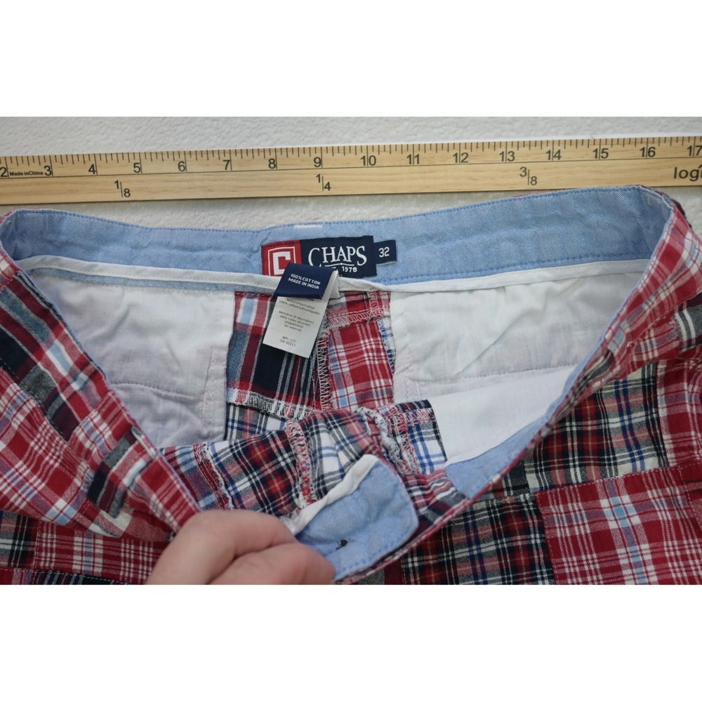 Chaps Patchwork Plaid Shorts Mens 32 Red White Blue Cotton Preppy Excellent - Picture 6 of 8